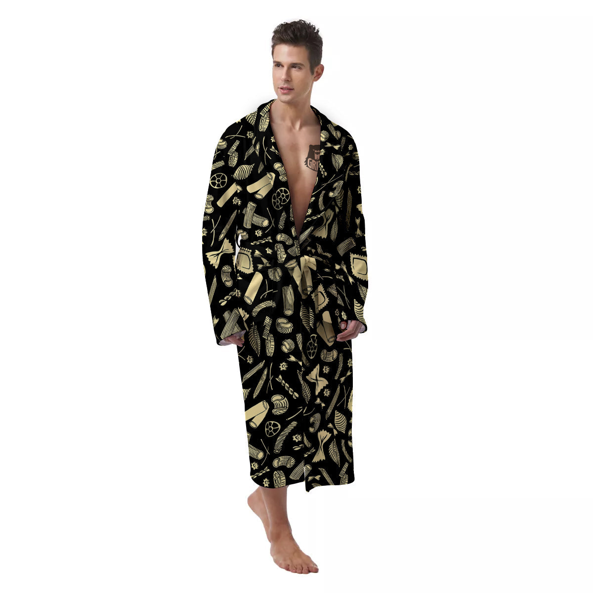 Black And Beige Macaroni Print Pattern Men's Robe-grizzshop