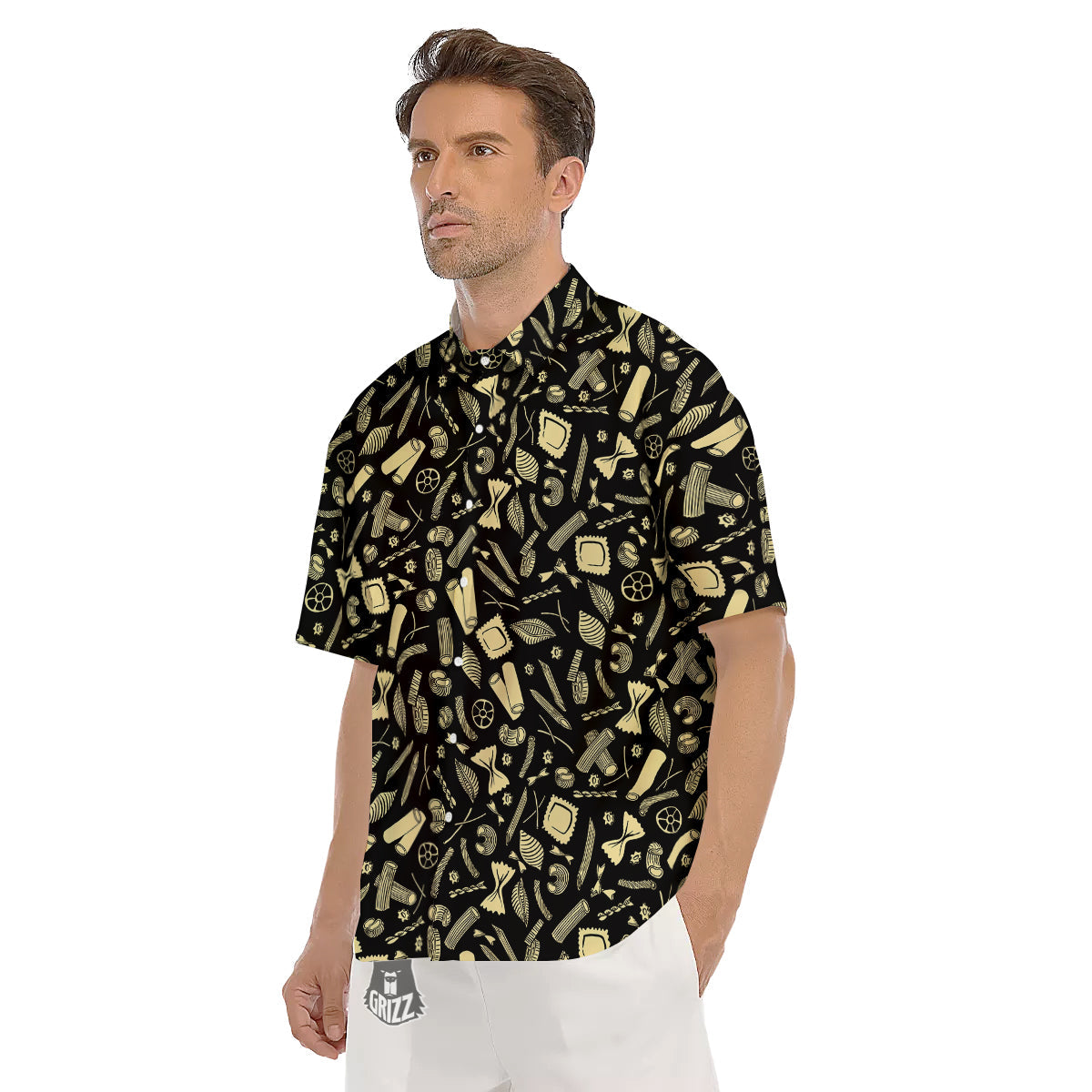 Black And Beige Macaroni Print Pattern Men's Short Sleeve Shirts-grizzshop