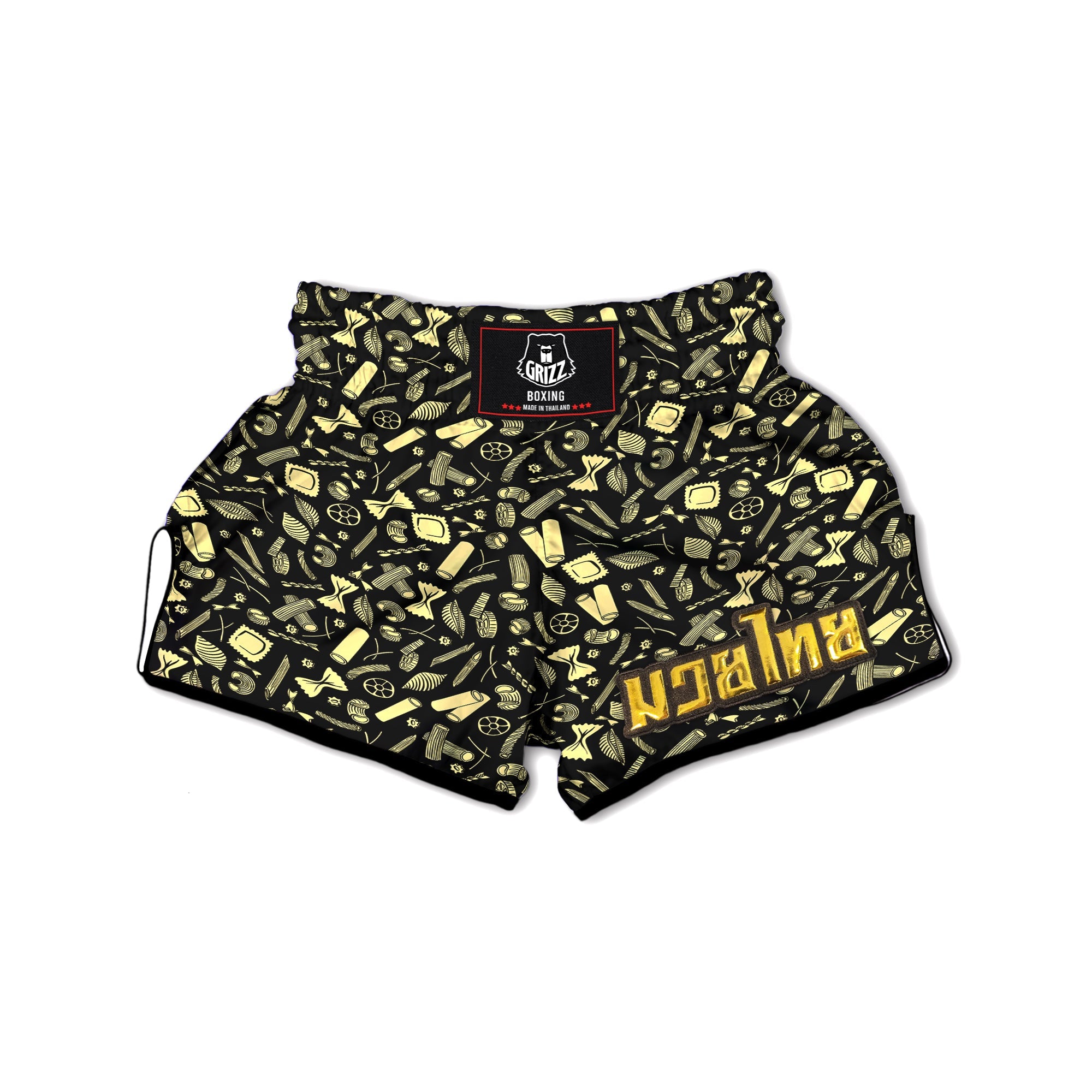 Black And Beige Macaroni Print Pattern Muay Thai Boxing Shorts-grizzshop