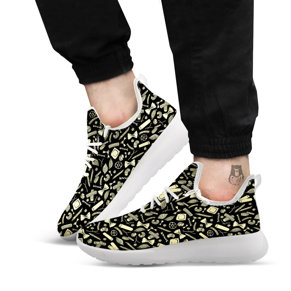 Black And Beige Macaroni Print Pattern White Athletic Shoes-grizzshop