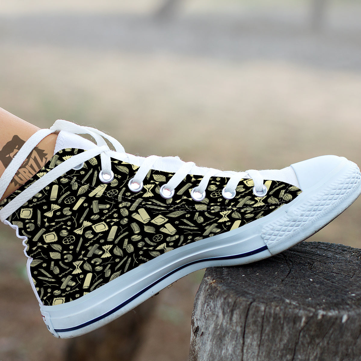 Black And Beige Macaroni Print Pattern White High Top Shoes-grizzshop