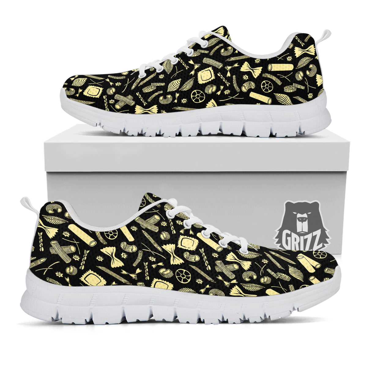 Black And Beige Macaroni Print Pattern White Sneaker-grizzshop