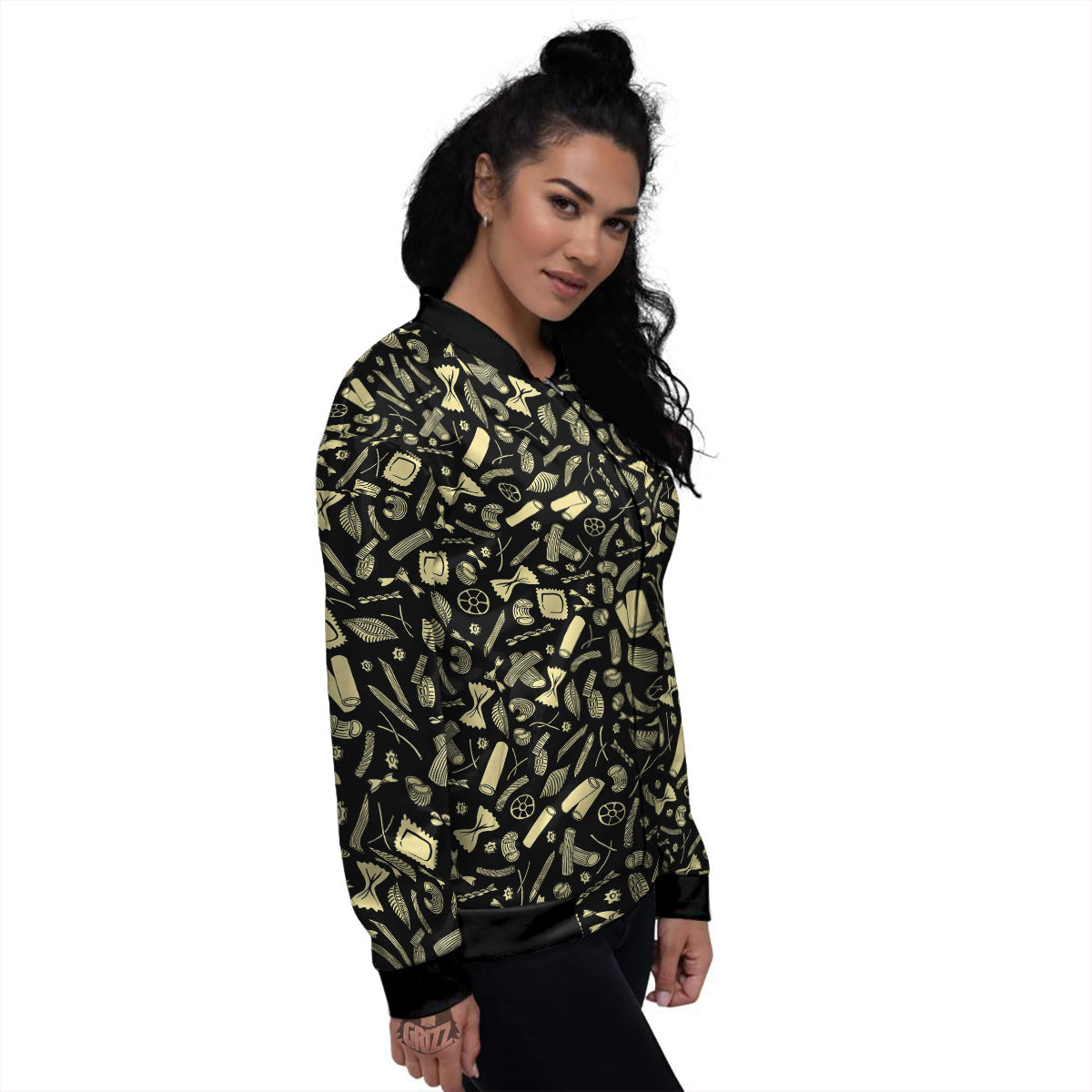 Black And Beige Macaroni Print Pattern Women's Bomber Jacket-grizzshop