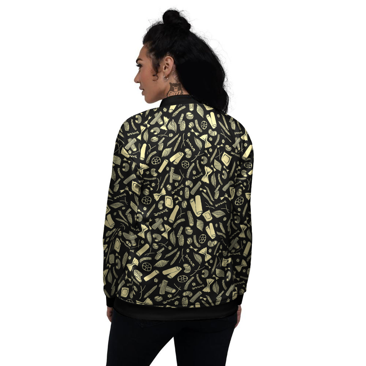 Black And Beige Macaroni Print Pattern Women's Bomber Jacket-grizzshop