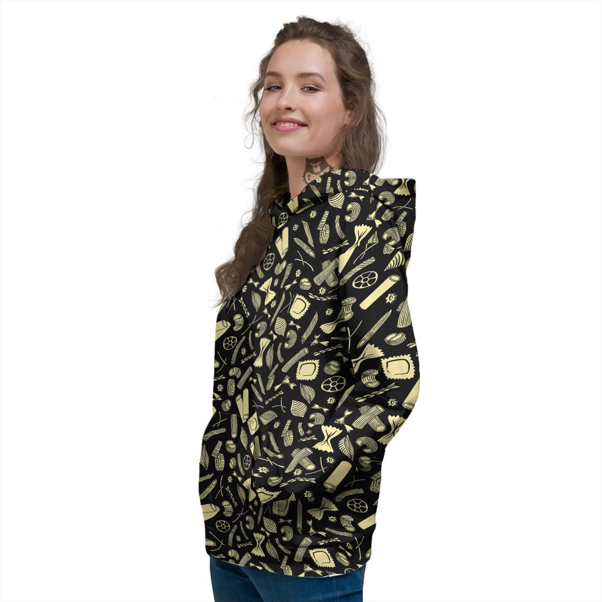 Black And Beige Macaroni Print Pattern Women's Hoodie-grizzshop