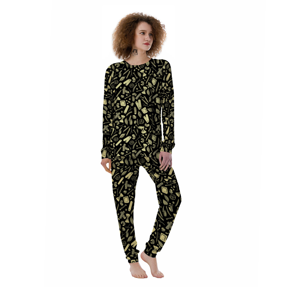 Black And Beige Macaroni Print Pattern Women's Pajamas-grizzshop