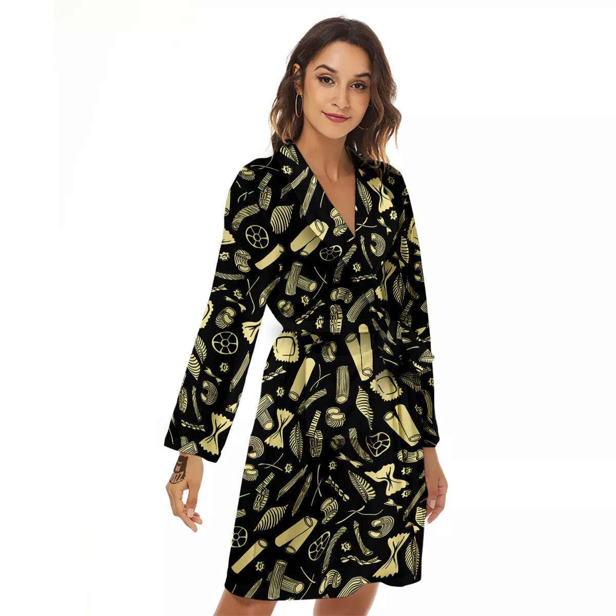Black And Beige Macaroni Print Pattern Women's Robe-grizzshop