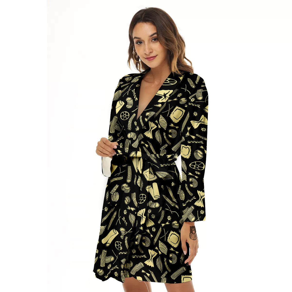 Black And Beige Macaroni Print Pattern Women's Robe-grizzshop