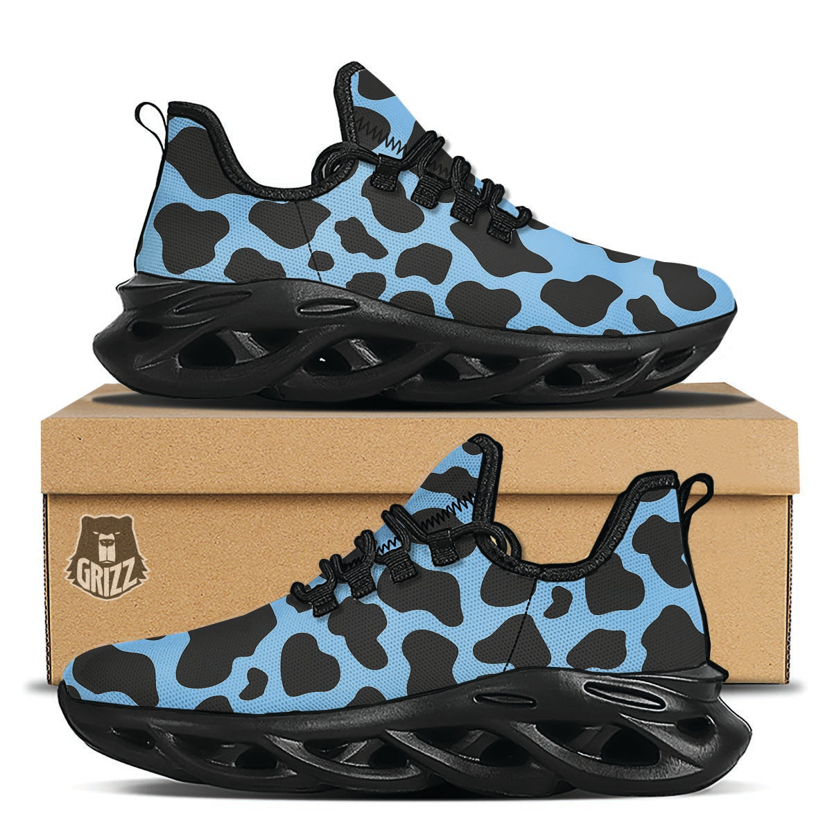 Black And Blue Cow Print Black Running Shoes-grizzshop