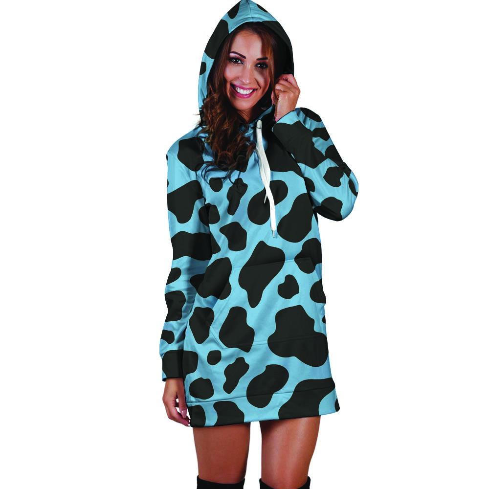 Black And Blue Cow Print Hoodie Dress-grizzshop