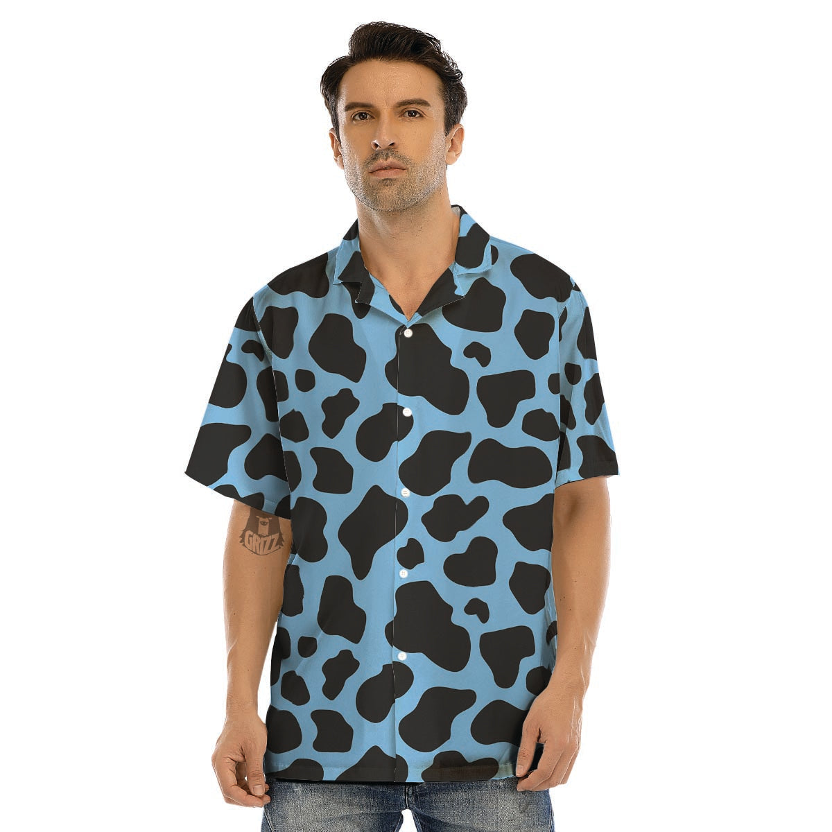 Black And Blue Cow Print Men’s Hawaiian Shirt-grizzshop