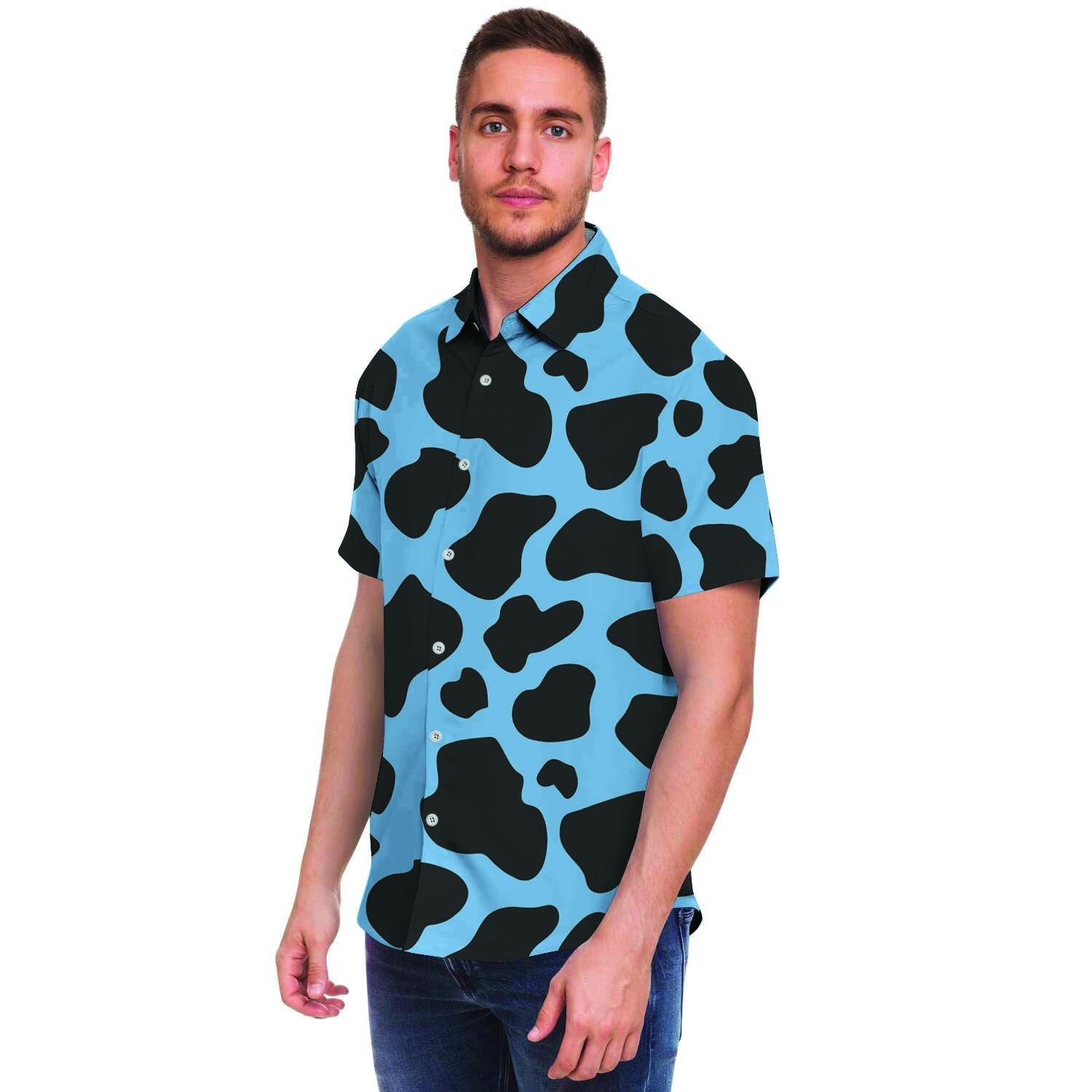 Black And Blue Cow Print Men's Short Sleeve Shirt-grizzshop