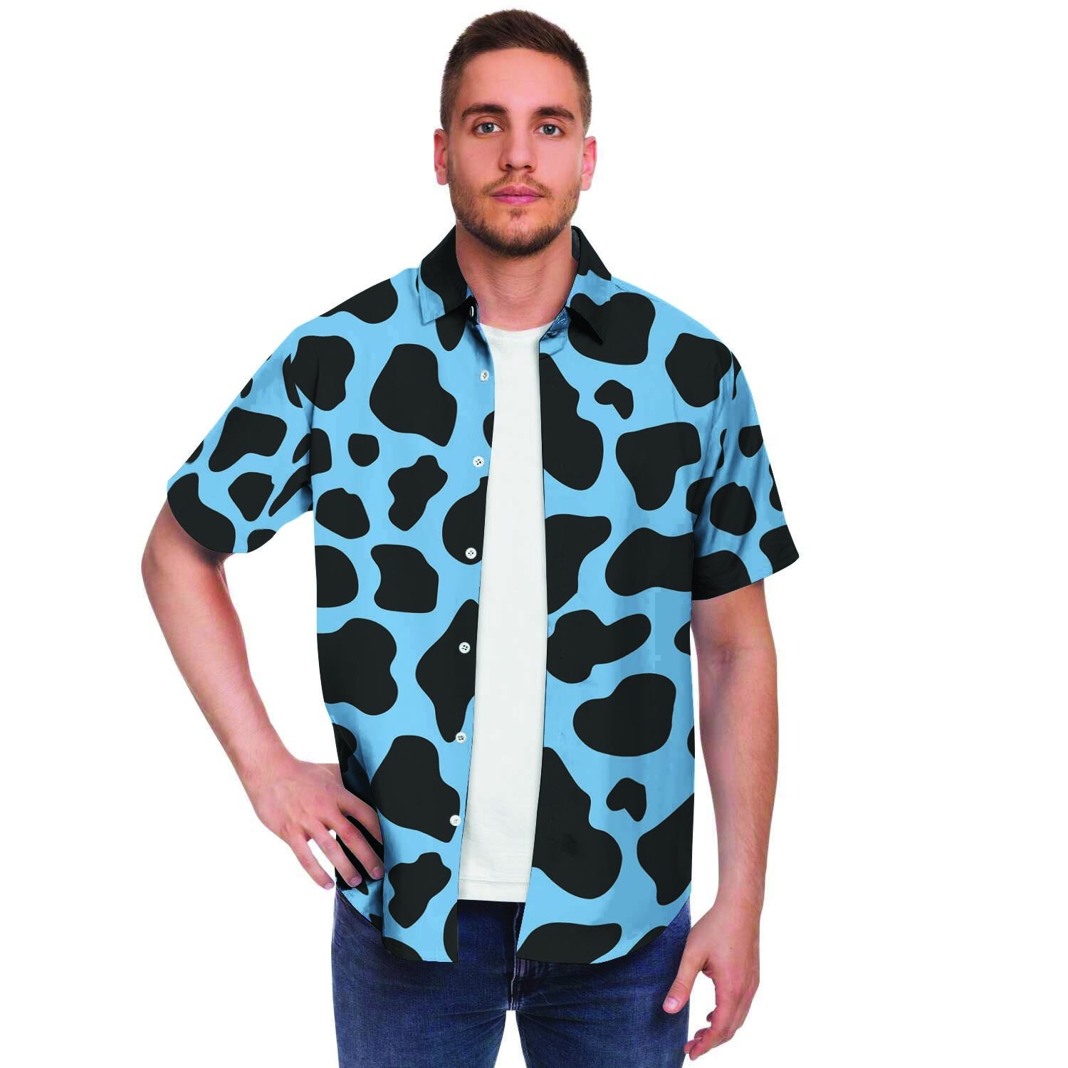 Black And Blue Cow Print Men's Short Sleeve Shirt-grizzshop
