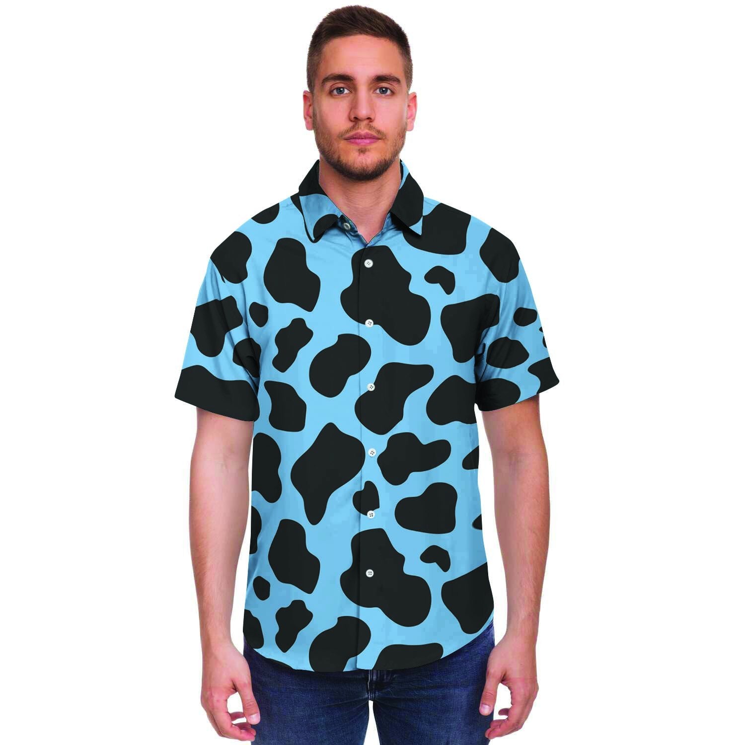 Black And Blue Cow Print Men's Short Sleeve Shirt-grizzshop