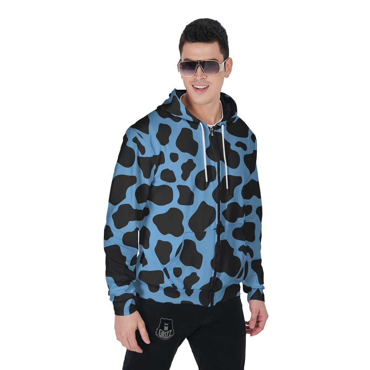 Black And Blue Cow Print Men's Zip Up Hoodie-grizzshop