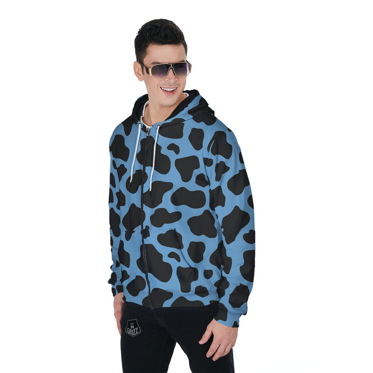Black And Blue Cow Print Men's Zip Up Hoodie-grizzshop