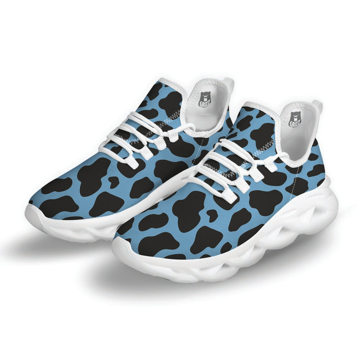Black And Blue Cow Print White Running Shoes-grizzshop