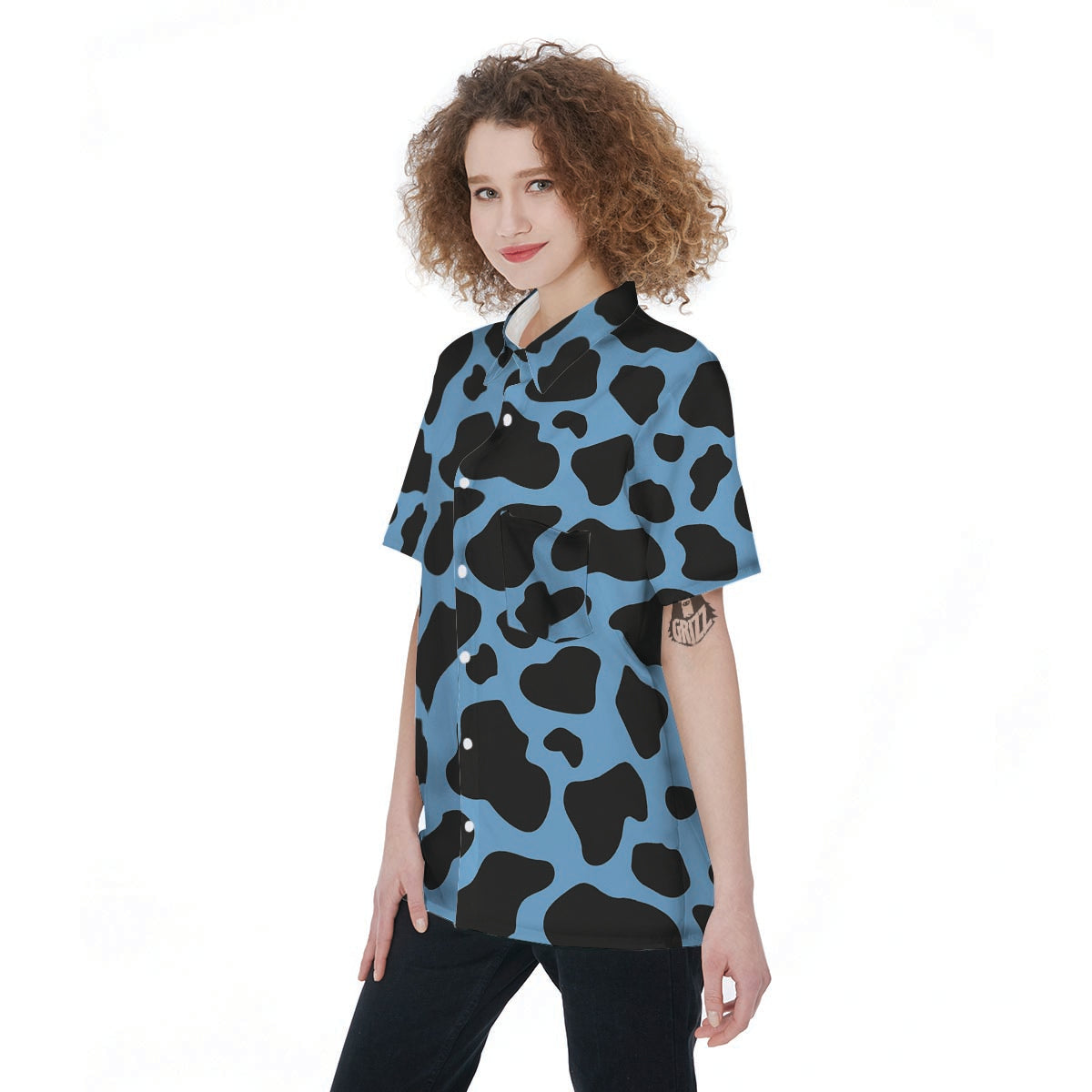 Black And Blue Cow Print Women's Short Sleeve Shirts-grizzshop