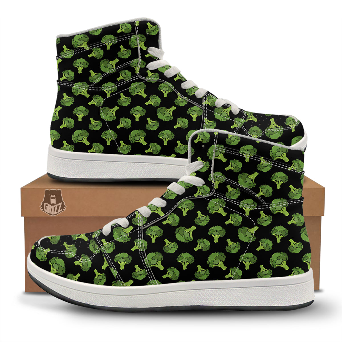 Black And Broccoli Print Pattern High Top Sneakers-grizzshop
