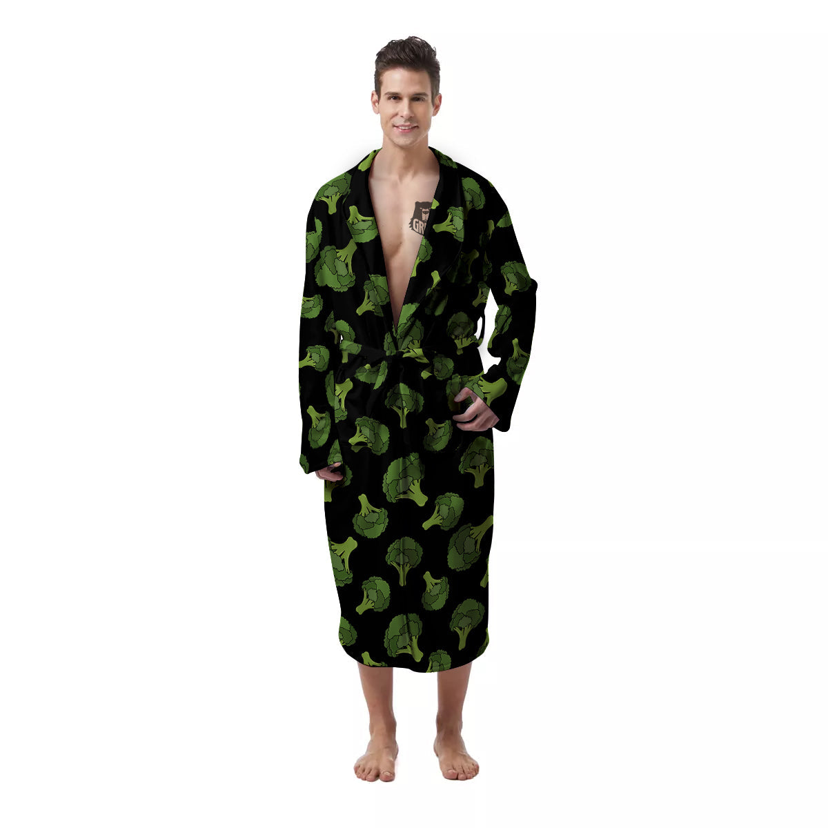 Black And Broccoli Print Pattern Men's Robe-grizzshop