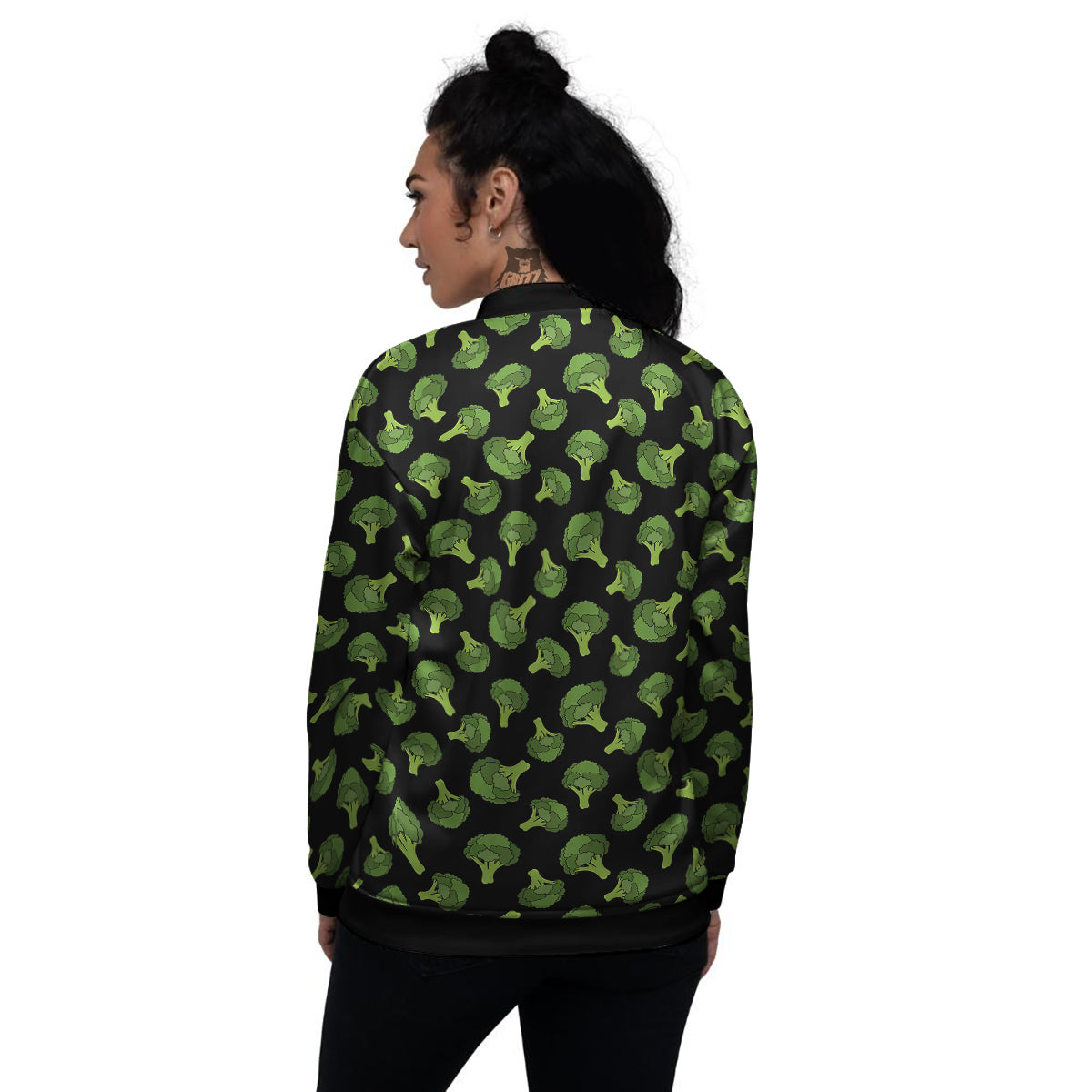 Black And Broccoli Print Pattern Women's Bomber Jacket-grizzshop