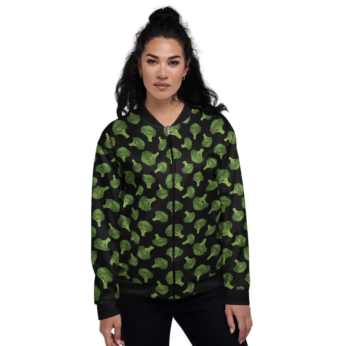 Black And Broccoli Print Pattern Women's Bomber Jacket-grizzshop