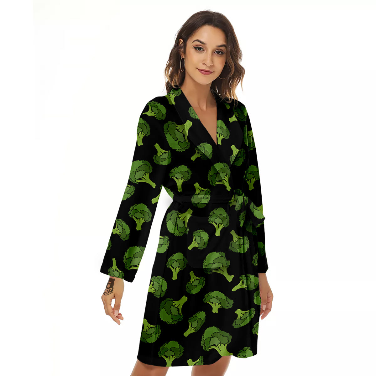 Black And Broccoli Print Pattern Women's Robe-grizzshop