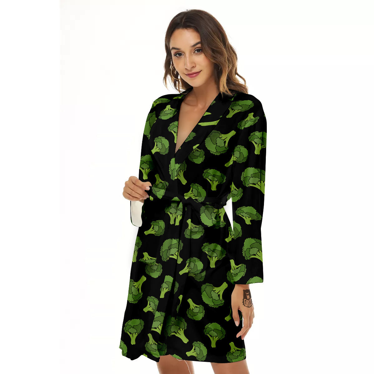 Black And Broccoli Print Pattern Women's Robe-grizzshop