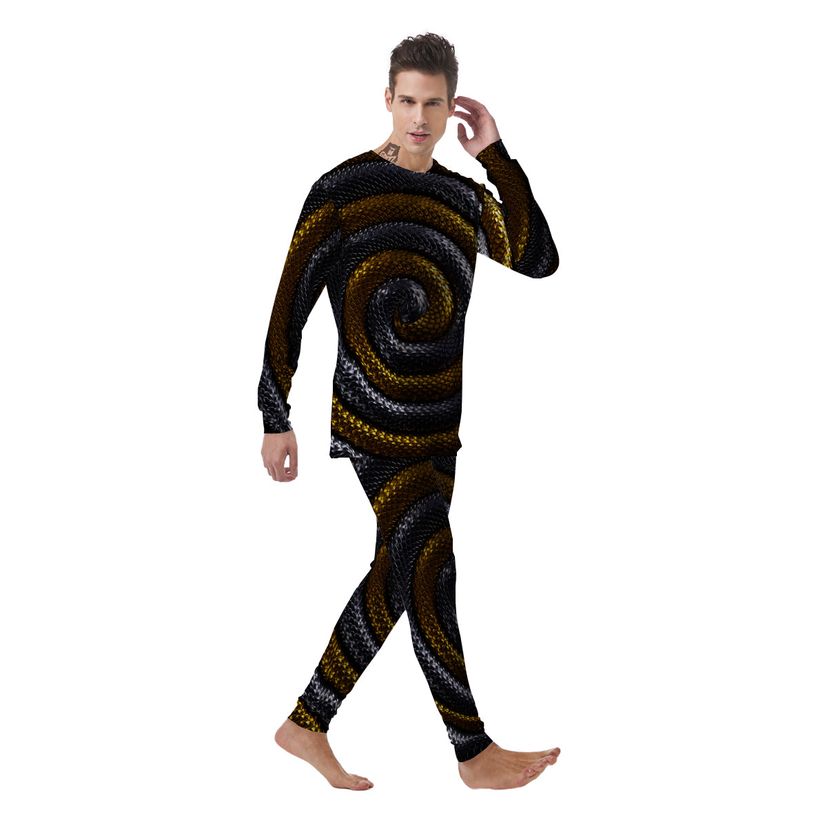 Black And Gold Twisted Snakes Print Men's Pajamas-grizzshop