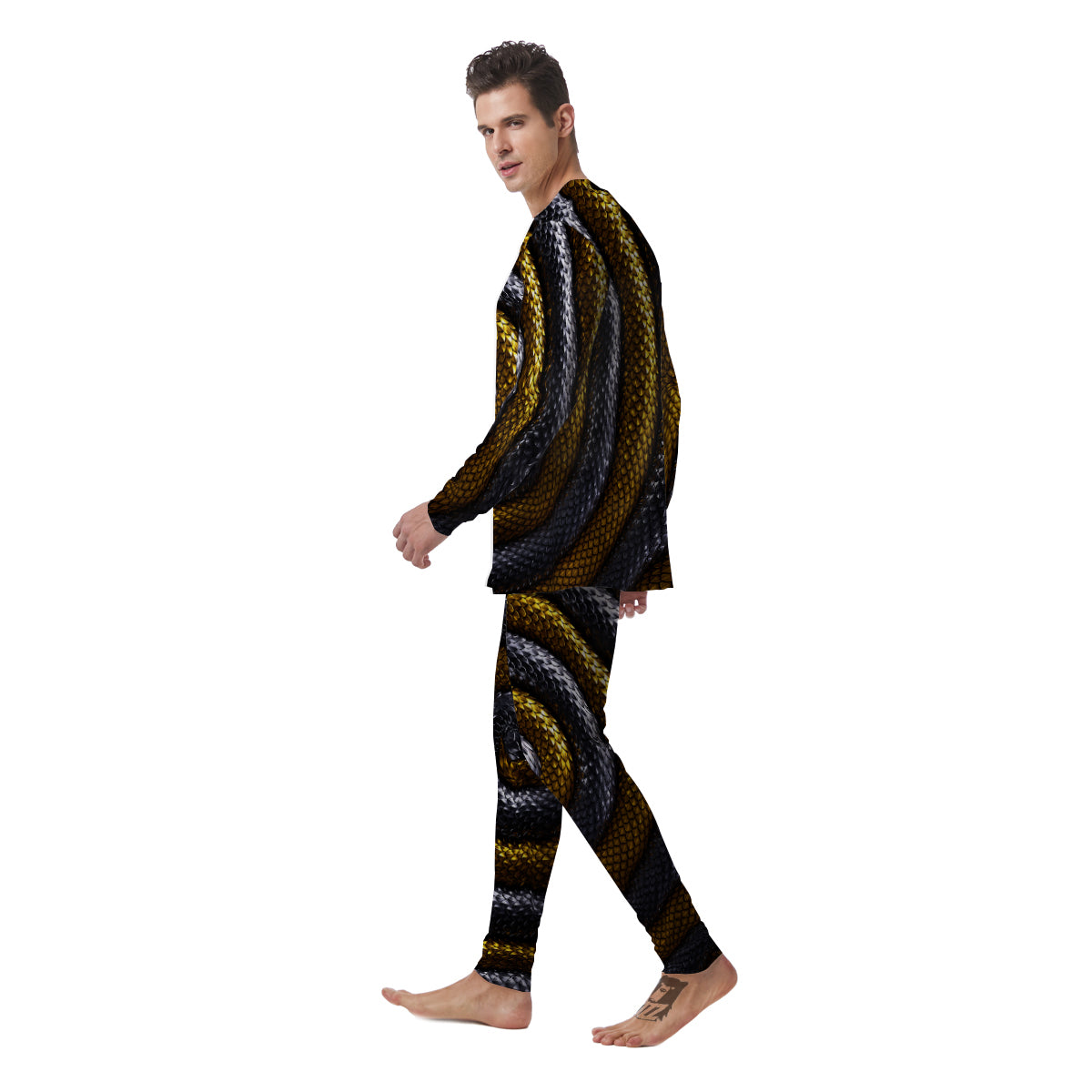 Black And Gold Twisted Snakes Print Men's Pajamas-grizzshop