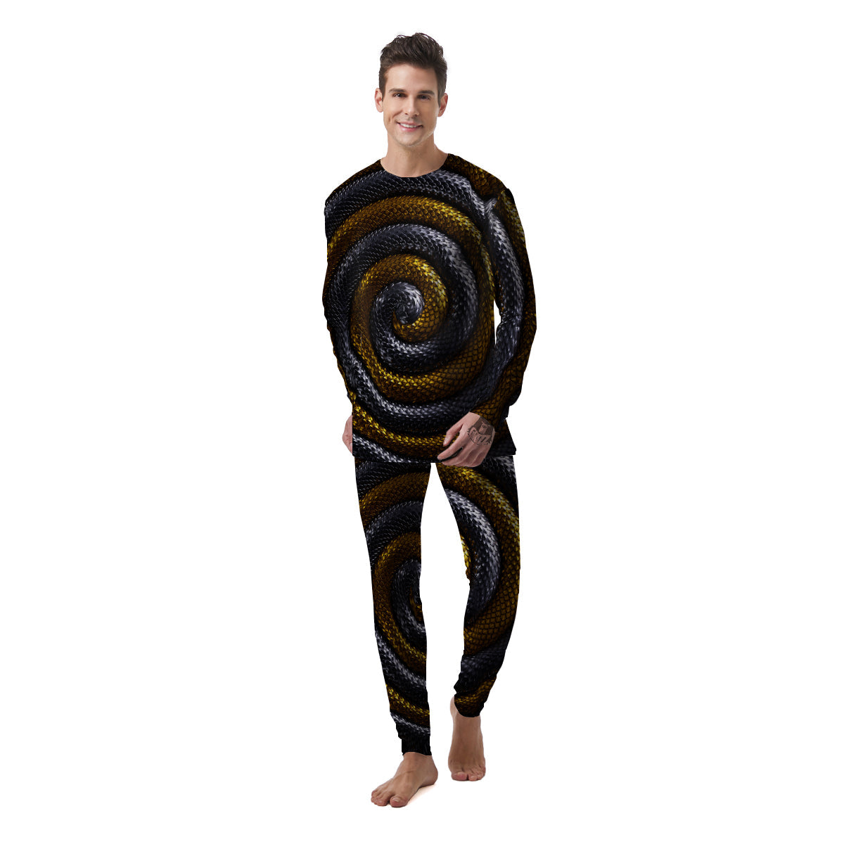 Black And Gold Twisted Snakes Print Men's Pajamas-grizzshop