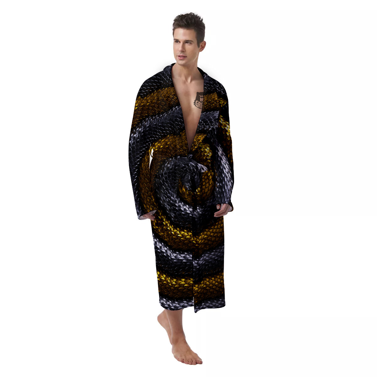 Black And Gold Twisted Snakes Print Men's Robe-grizzshop