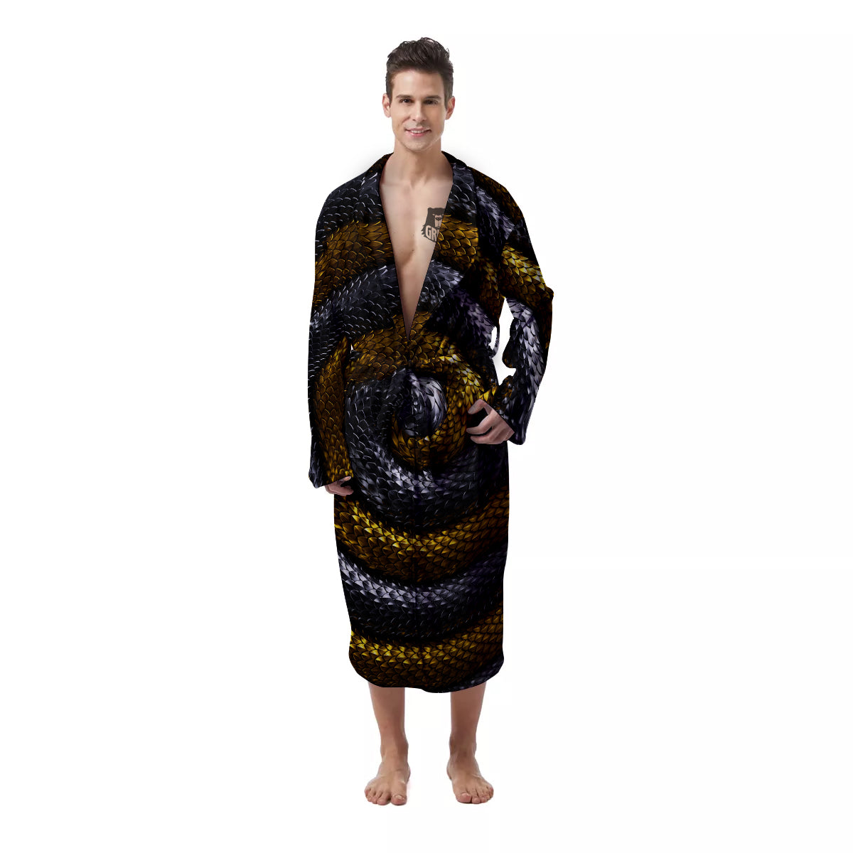 Black And Gold Twisted Snakes Print Men's Robe-grizzshop