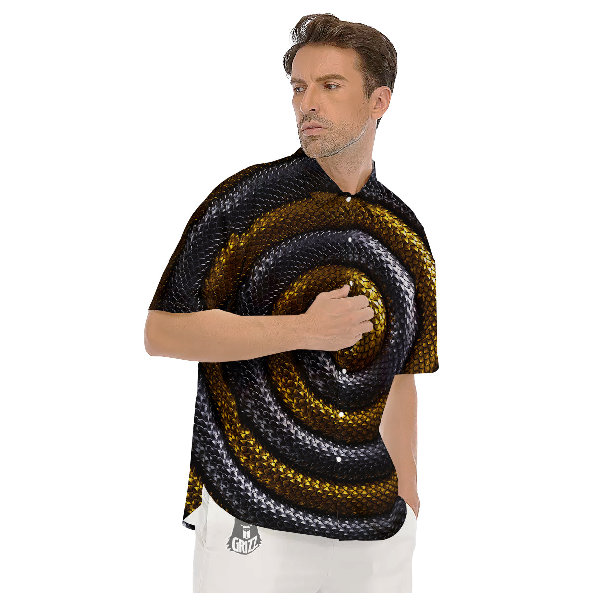 Black And Gold Twisted Snakes Print Men's Short Sleeve Shirts-grizzshop