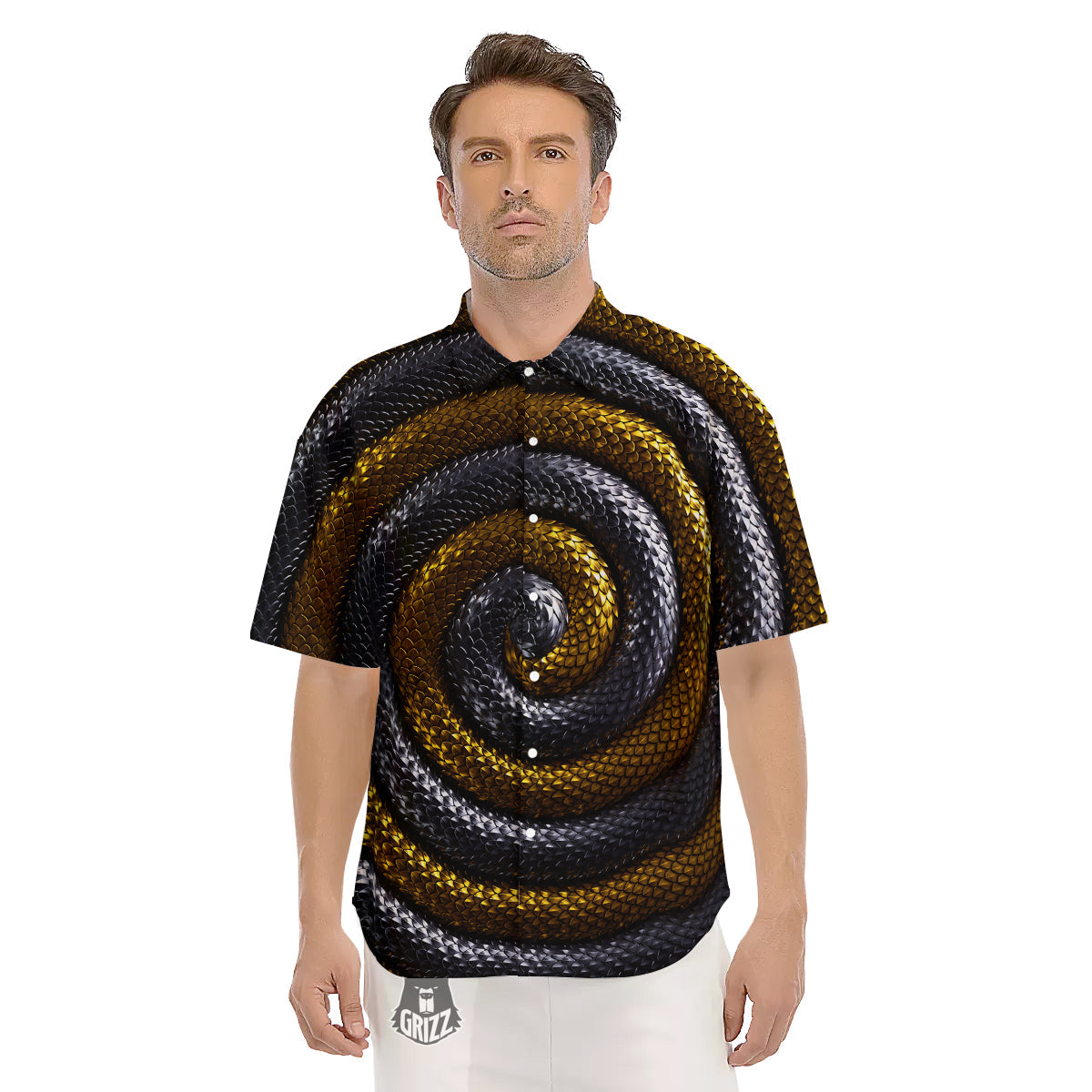 Black And Gold Twisted Snakes Print Men's Short Sleeve Shirts-grizzshop