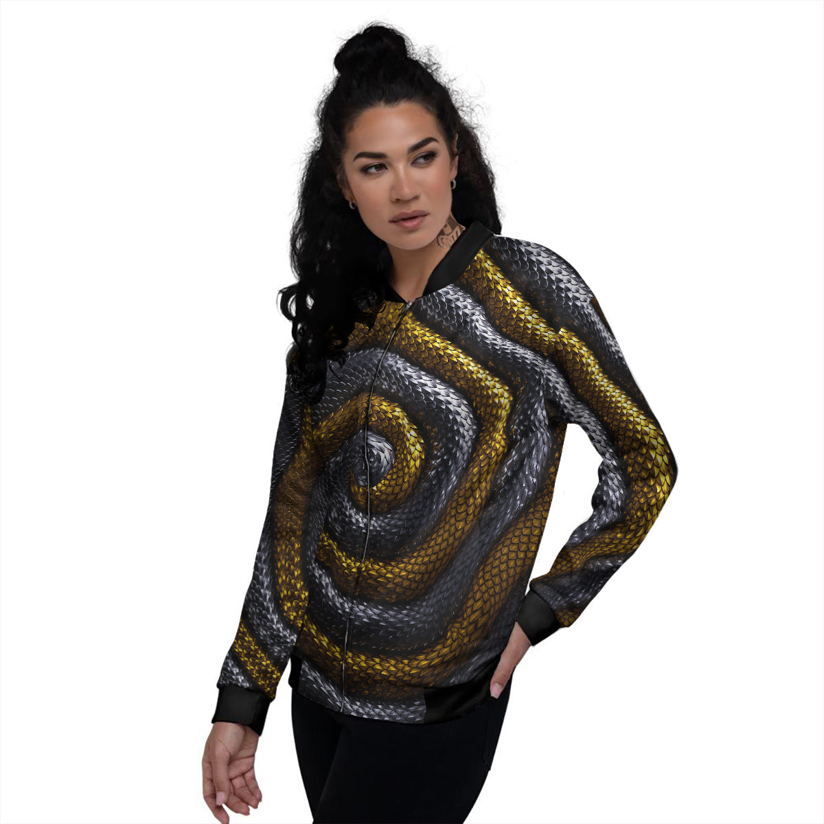 Black And Gold Twisted Snakes Print Women's Bomber Jacket-grizzshop