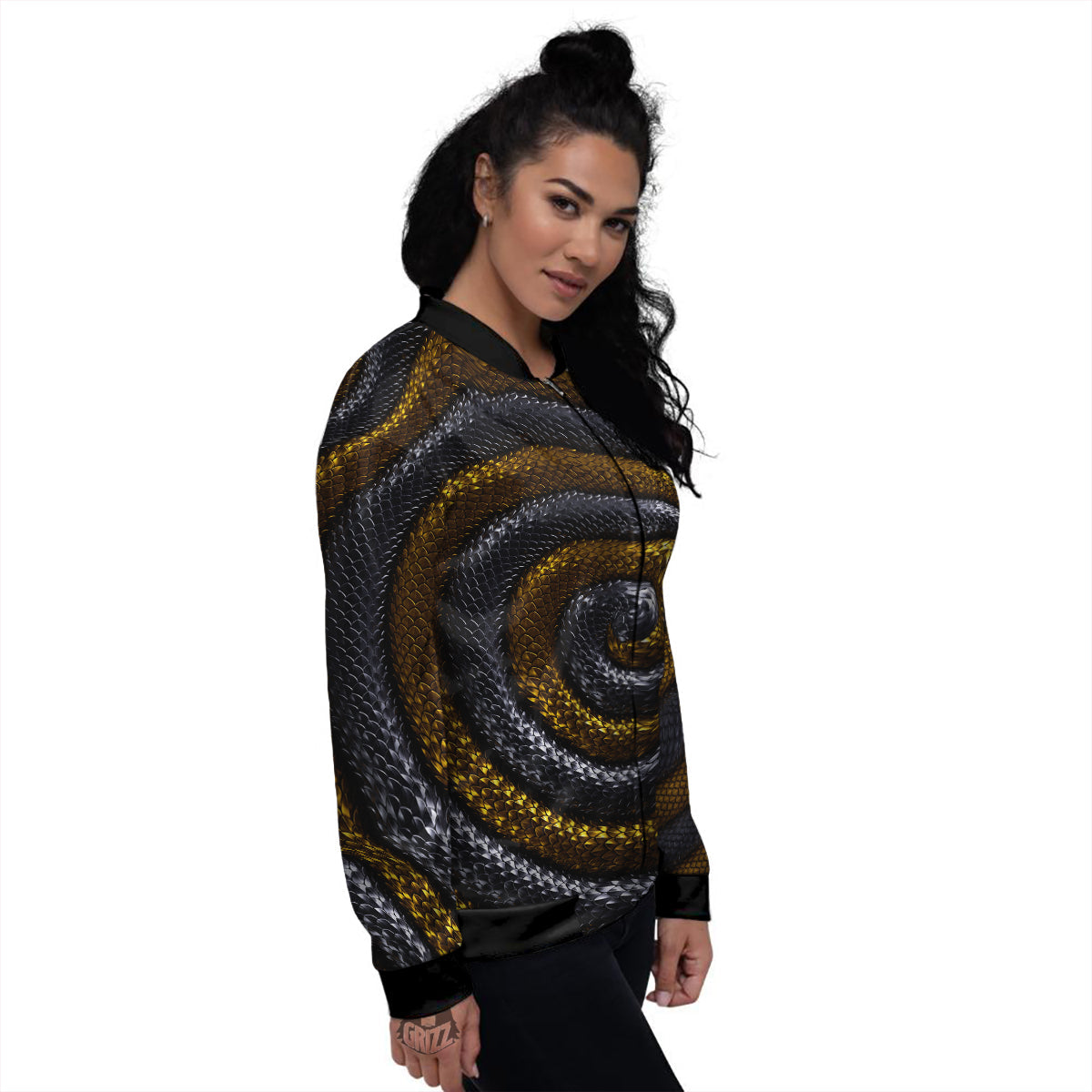 Black And Gold Twisted Snakes Print Women's Bomber Jacket-grizzshop