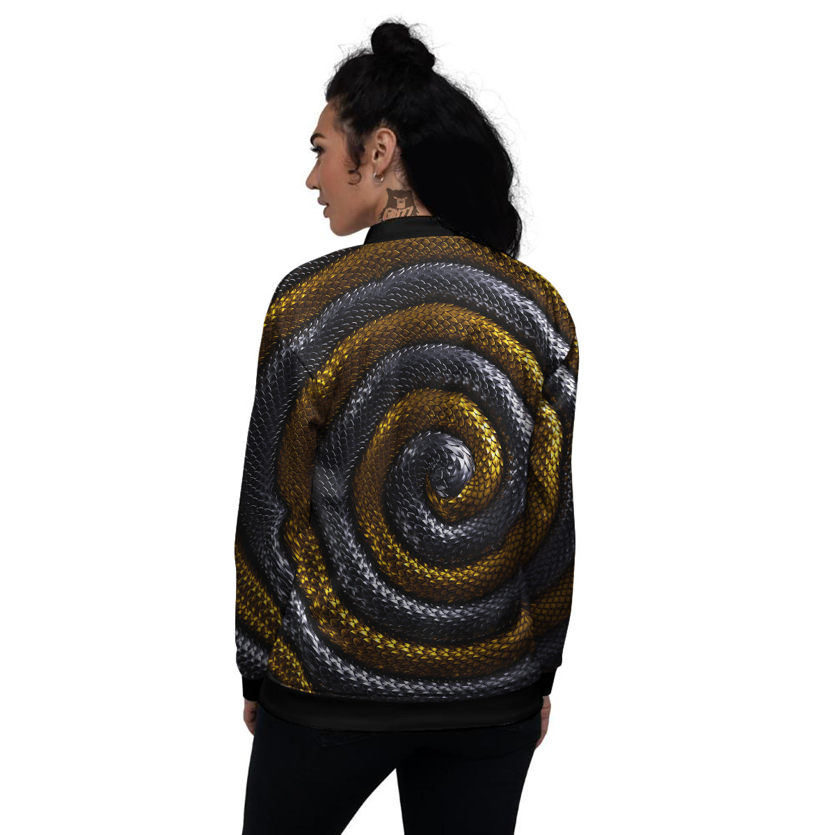 Black And Gold Twisted Snakes Print Women's Bomber Jacket-grizzshop