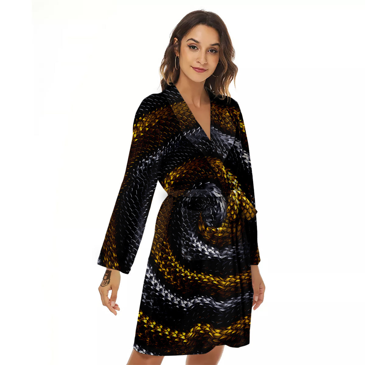 Black And Gold Twisted Snakes Print Women's Robe-grizzshop