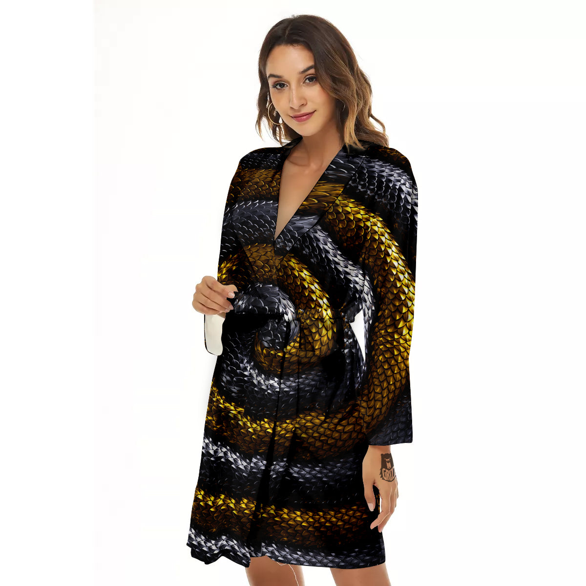 Black And Gold Twisted Snakes Print Women's Robe-grizzshop