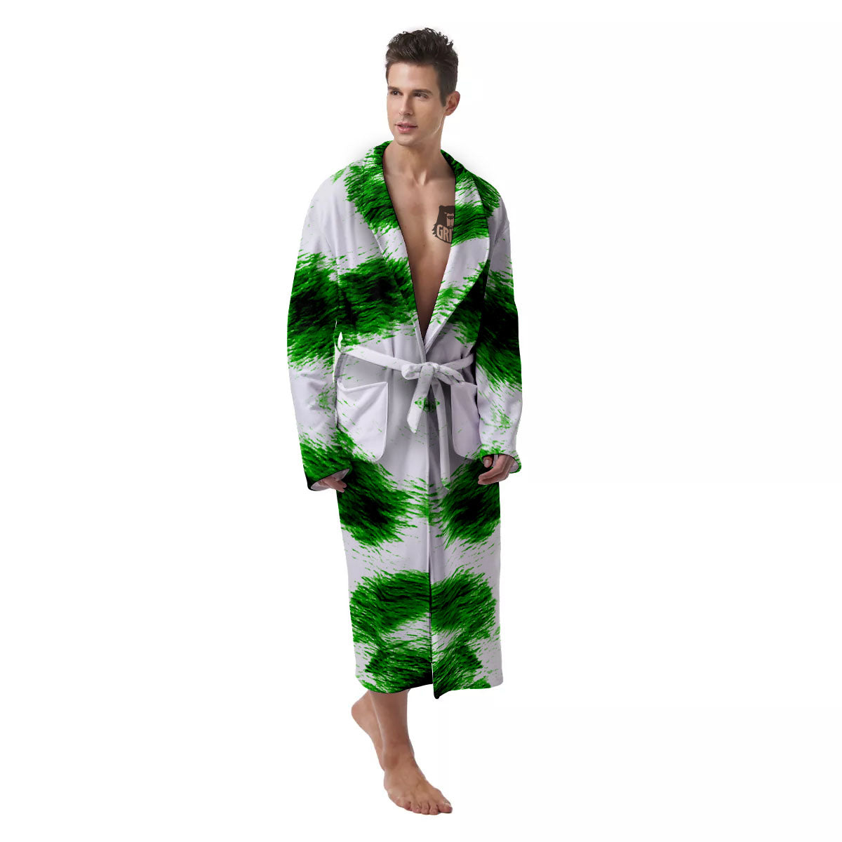 Black And Green Acid Wash Tie Dye Print Men's Robe-grizzshop
