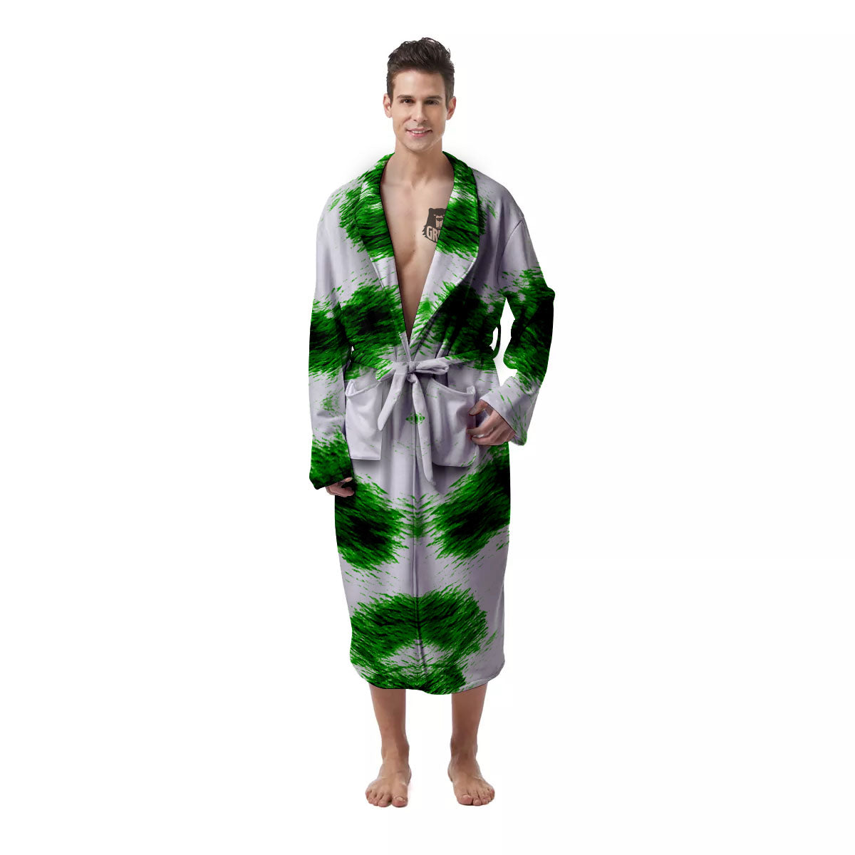 Black And Green Acid Wash Tie Dye Print Men's Robe-grizzshop