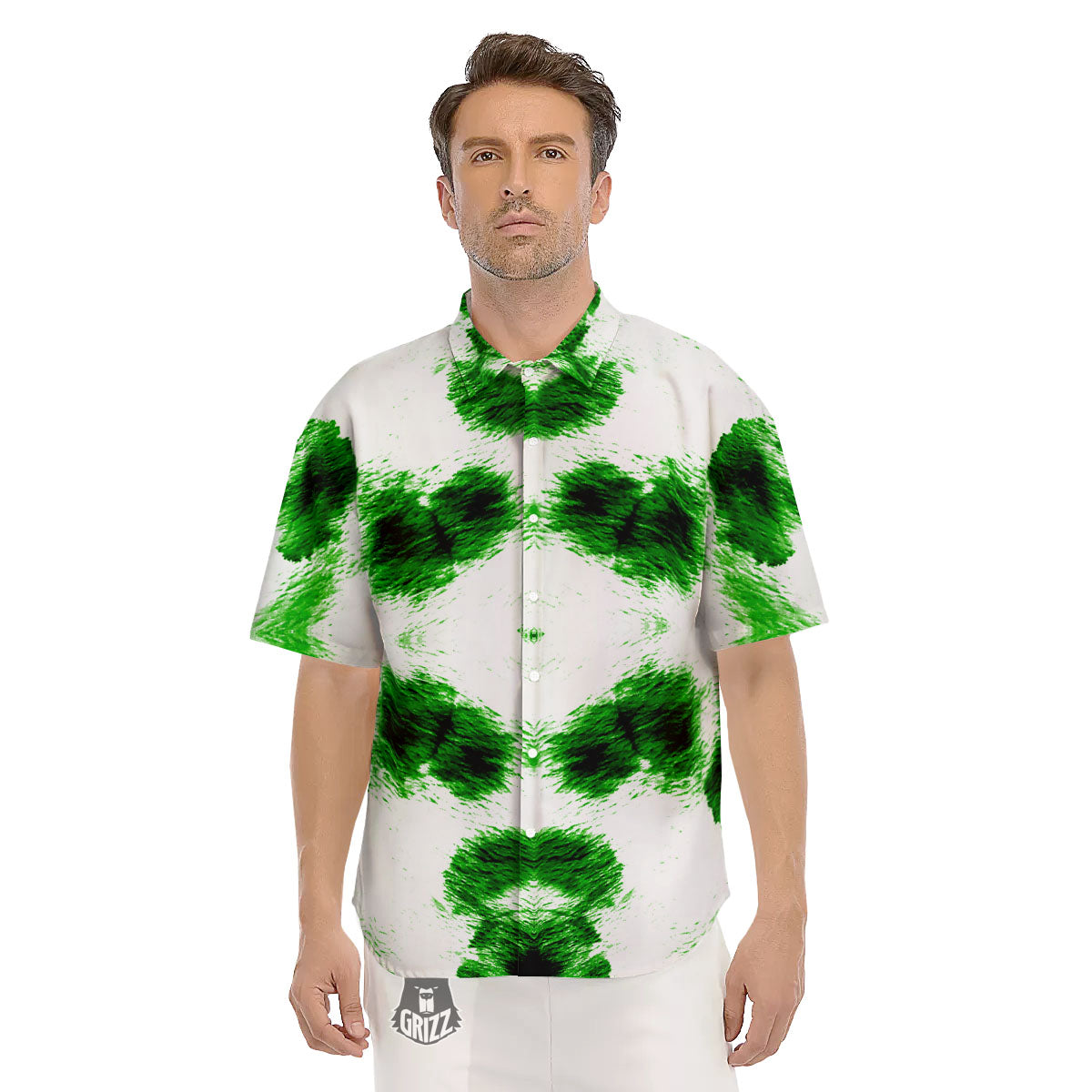 Black And Green Acid Wash Tie Dye Print Men's Short Sleeve Shirts-grizzshop