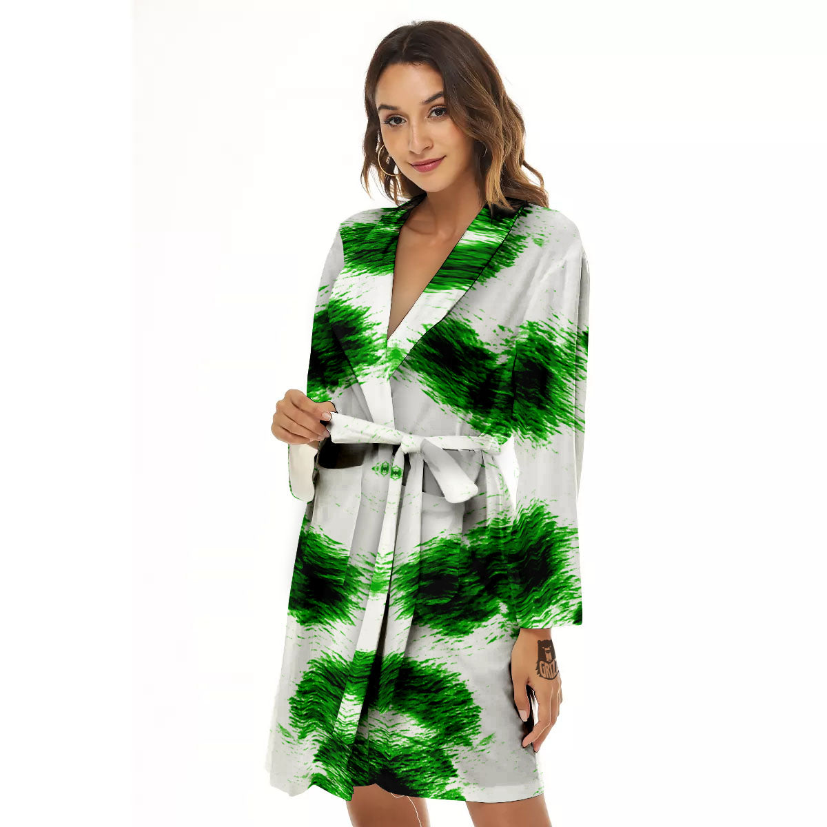 Black And Green Acid Wash Tie Dye Print Women's Robe-grizzshop