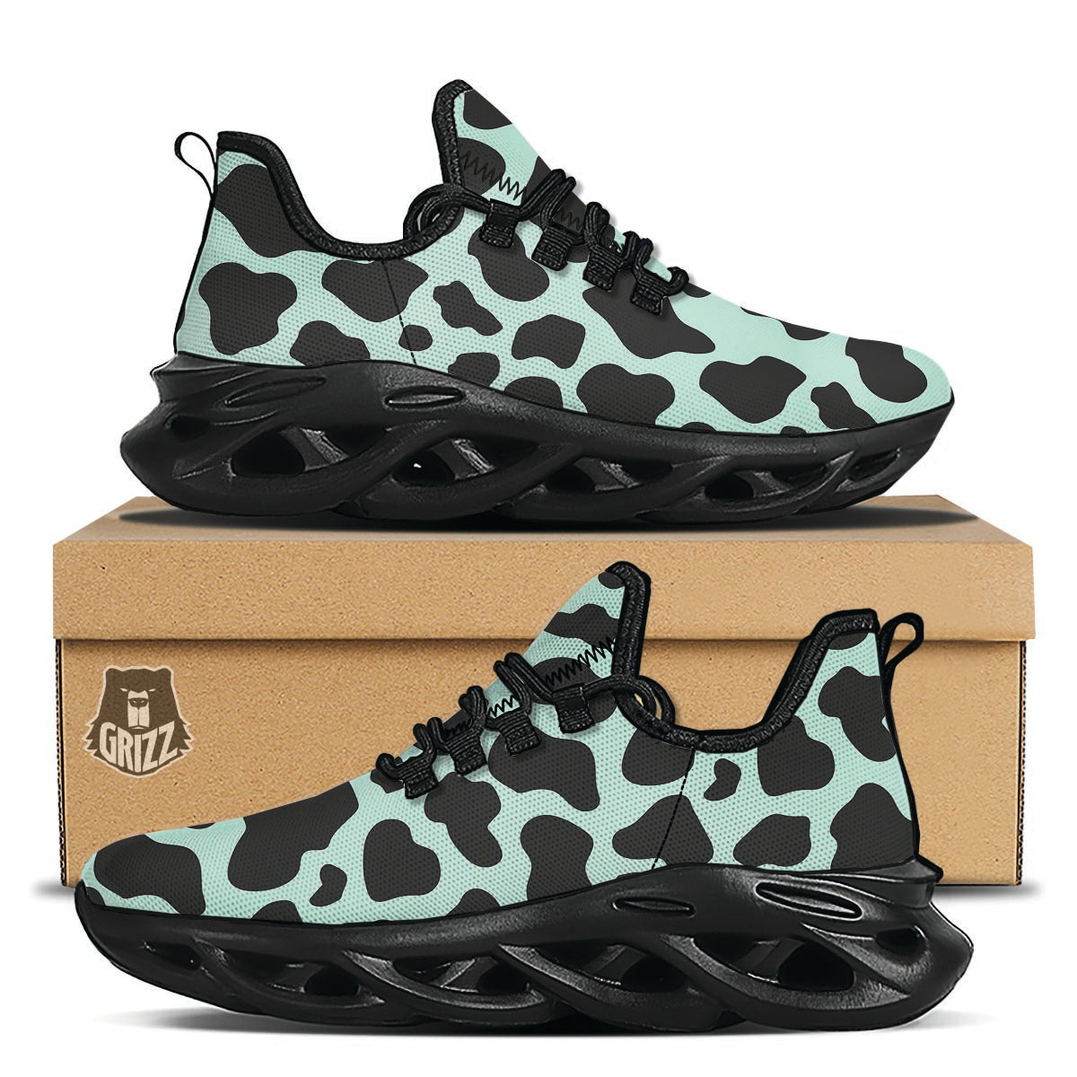 Black And Green Cow Print Black Running Shoes-grizzshop