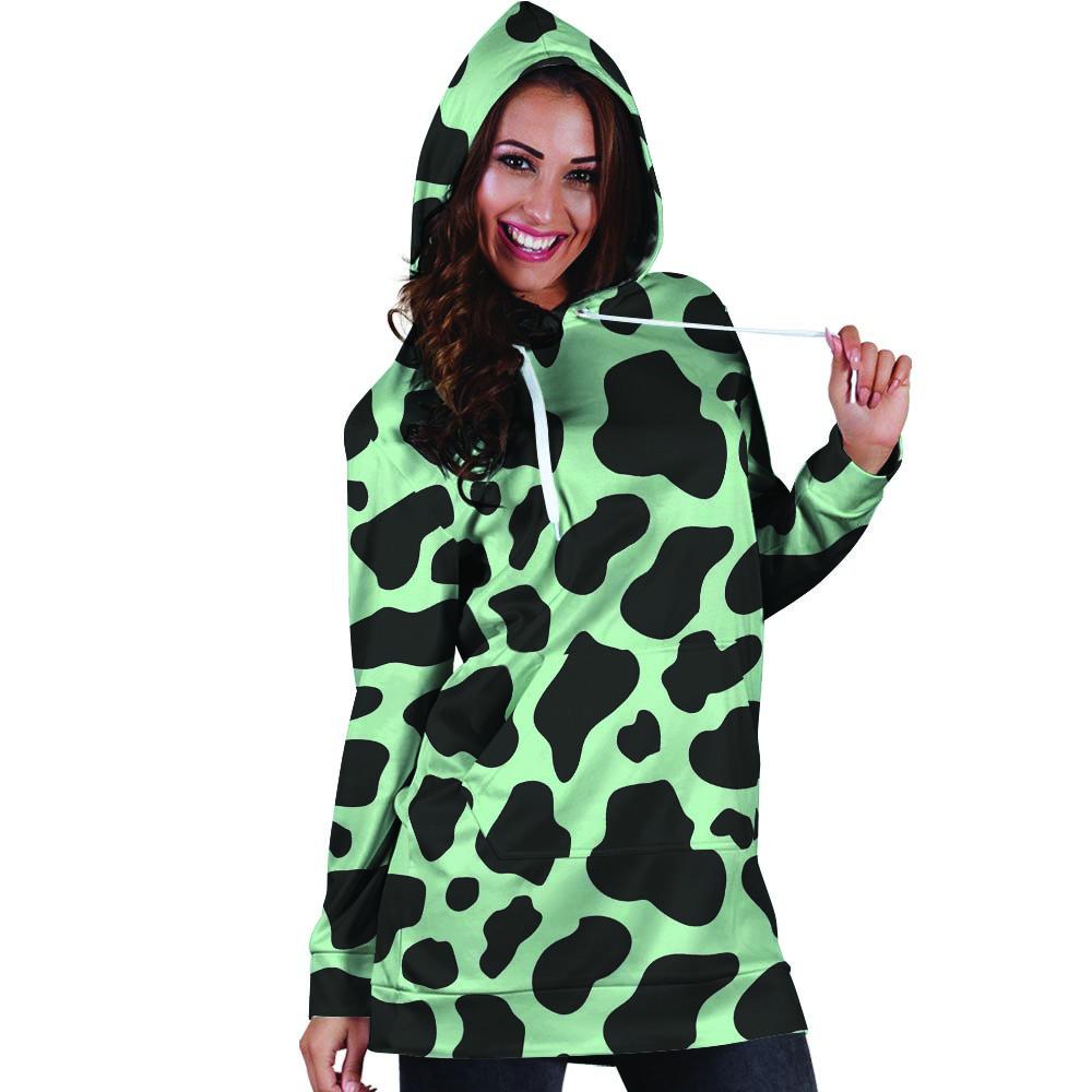 Black And Green Cow Print Hoodie Dress-grizzshop