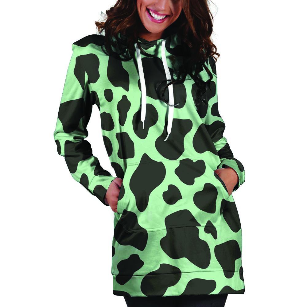 Black And Green Cow Print Hoodie Dress-grizzshop