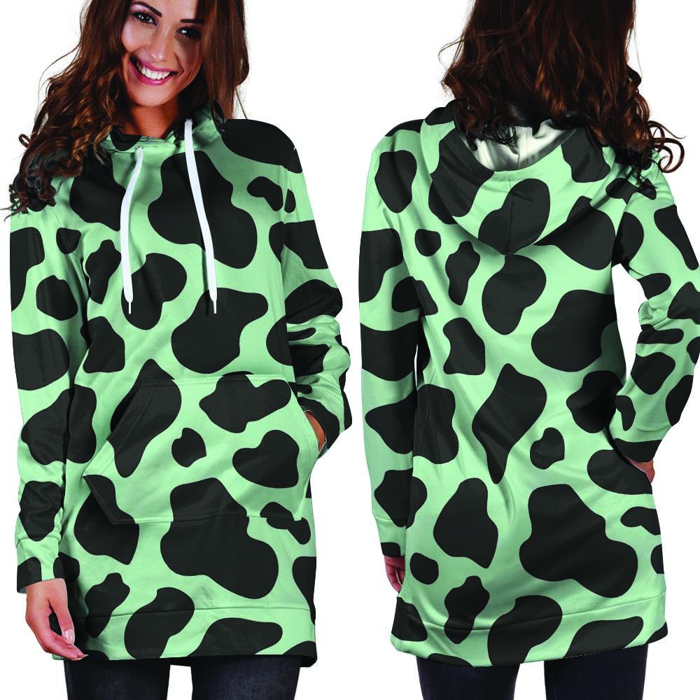 Black And Green Cow Print Hoodie Dress-grizzshop