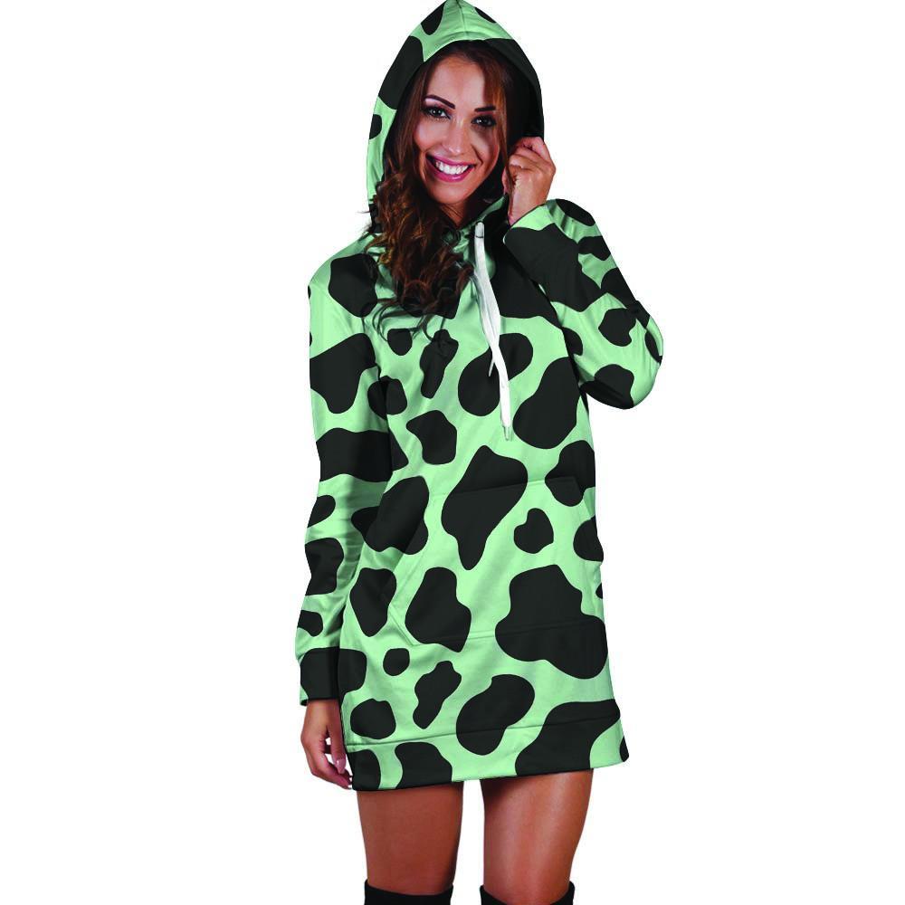 Black And Green Cow Print Hoodie Dress-grizzshop