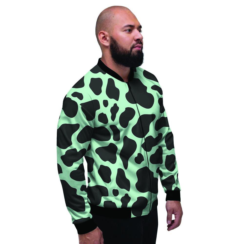 Black And Green Cow Print Men's Bomber Jacket-grizzshop